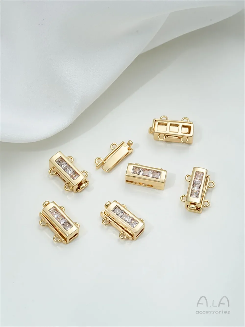 Hebilla de inserción de doble hilera Rectangular de circonio cuadrado de oro de 14K, pulsera de doble hebra DIY, collar, hebilla de conexión, hebilla de perla