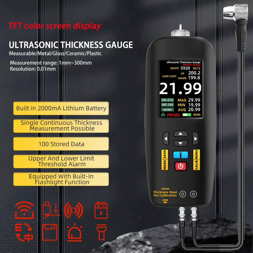 BSIDE digitální ultrazvuková tloušt'ka měrka vysoký precizní metalické keramika composites tester měřič 1-300mm 0.01mm rezoluce