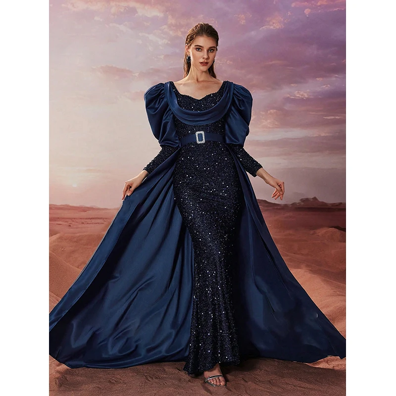 ผู้หญิง Elegant หญิง Vestido De Festa พัฟแขนสีฟ้า Sequined อย่างเป็นทางการค็อกเทลชุดราตรียาว Maxi ชุด