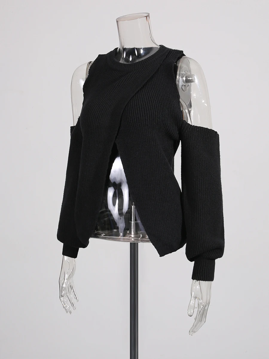 TWOTWINSTYL Solid Slimming Fashion Sweaters for Women Round Neck Off Shoulder Sleeves Split Minimalist Sweater Female Clothing