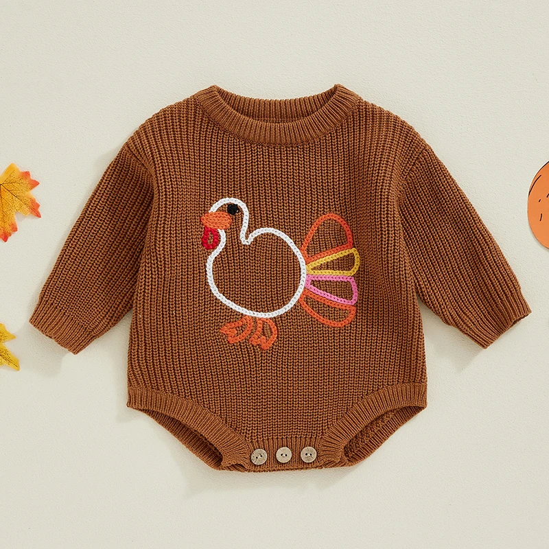 

VISgogo Baby Thanksgiving Sweater Romper Turkey Embroidery Long Sleeve Jumpsuit for Newborn Girl Boy Fall Casual Clothes