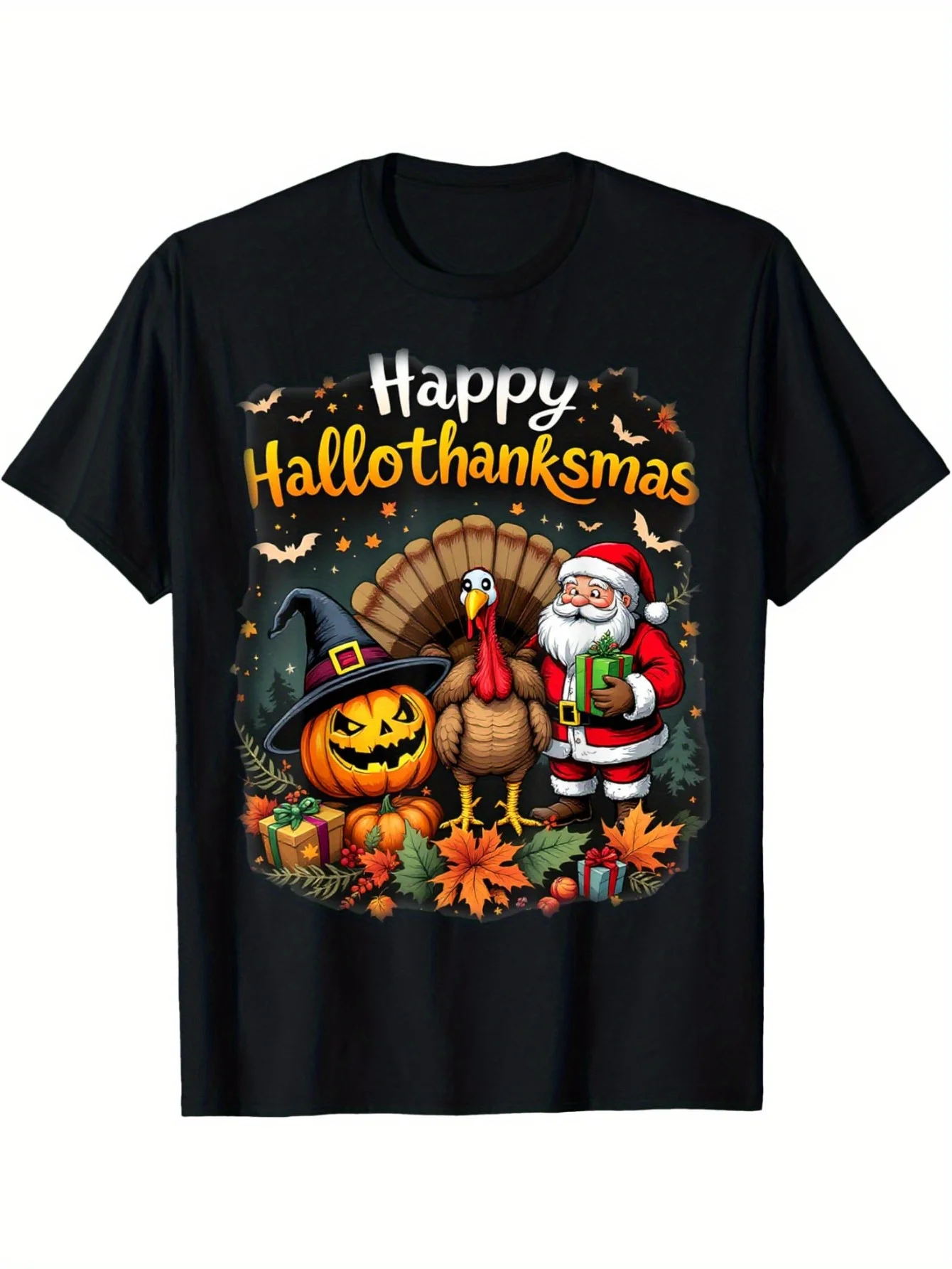Happy Hallothanksmas for Hallo Gift for Men Family Friends, Holiday Tshirt, Festive Apparel, Seasonal Celebration Shirt, Casual Style, Short Sleeve Tee, Durable Print, Highquality Tee, Printed Top, Holidaythemed Shirt, Friends Present, Family Gifts