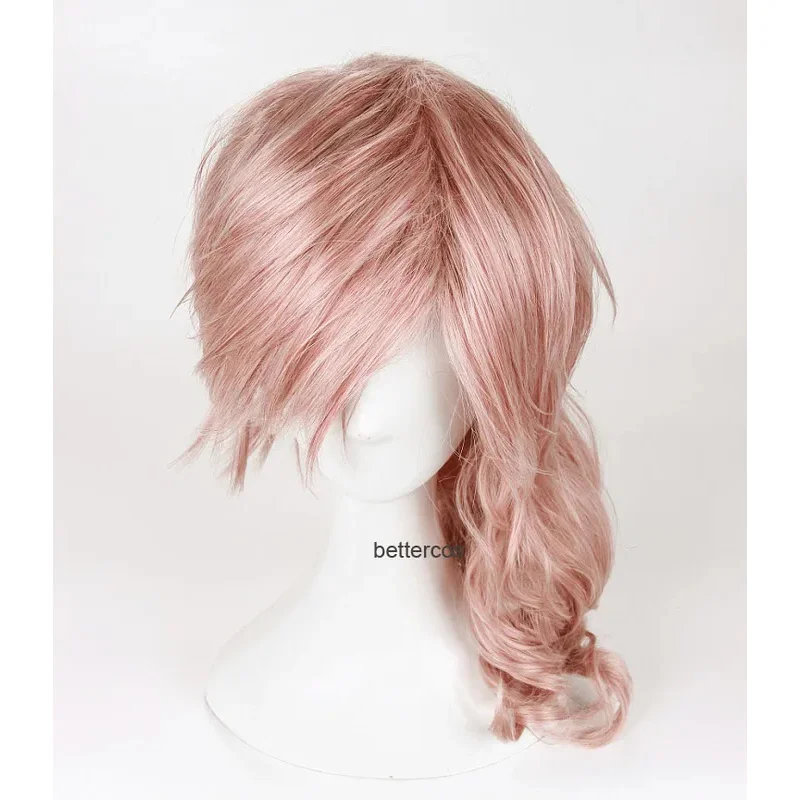 Final Fantasy FF13 Eclair Farron Lightning Cosplay Wigs Mixed Pink Long Curly Heat Resistant Synthetic Hair Wig   Wig Cap