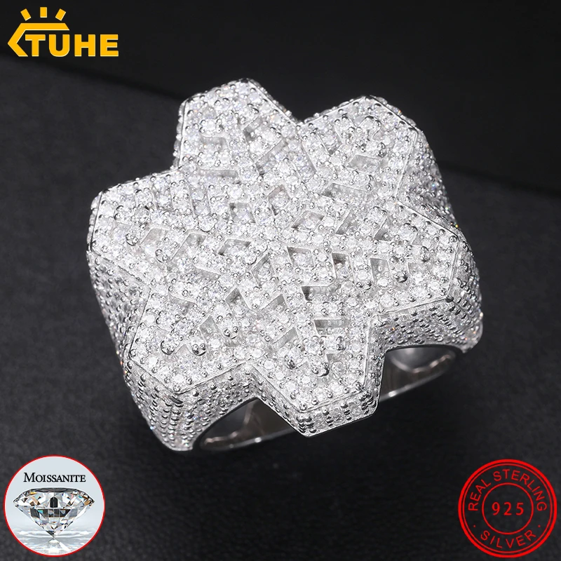

Full Moissanite Silver 925 Ring Snowflake Hip Hop Sparkling Finger Rings Jewelry for Men Women with Certificate Plated 18k Gold