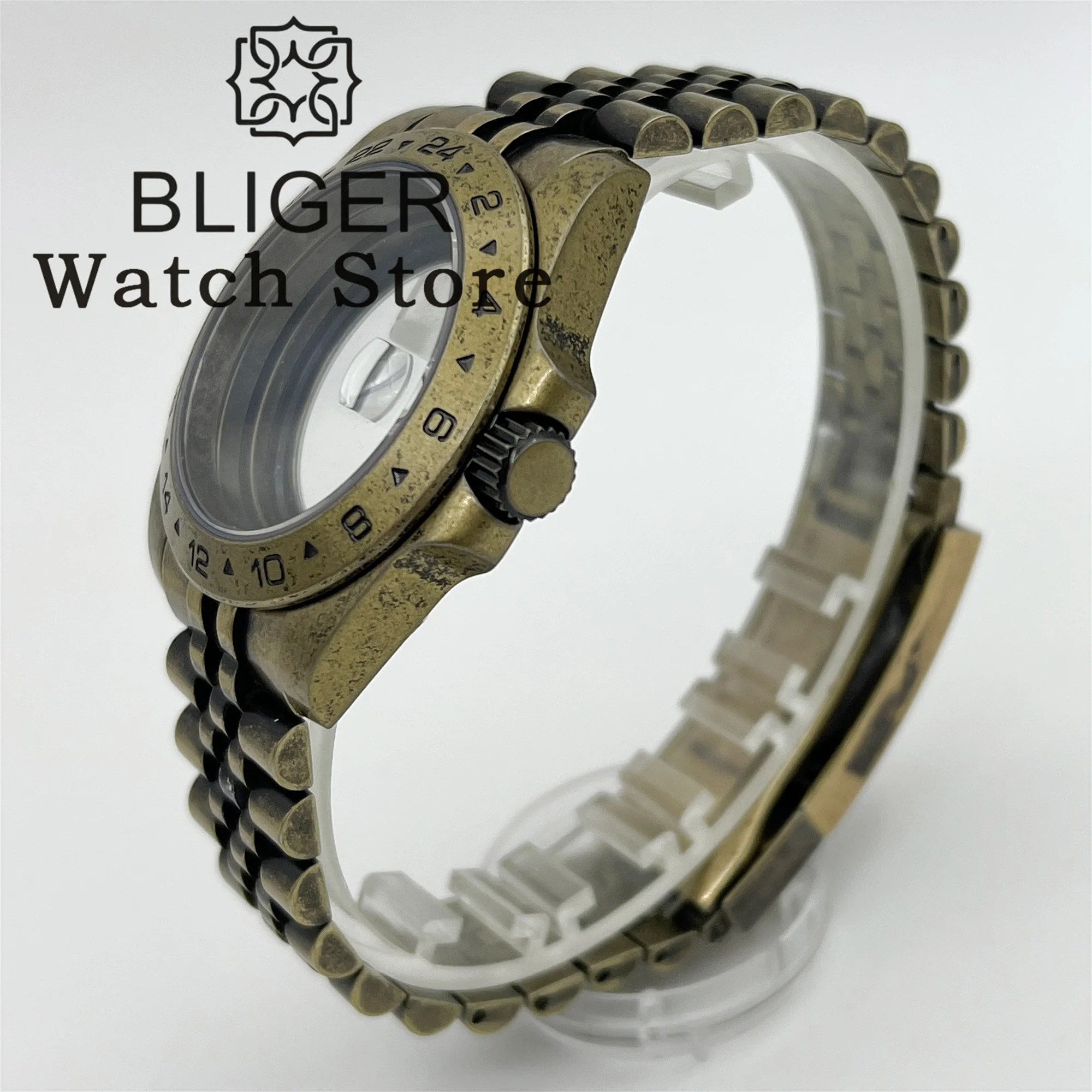 BLIGER 40mm bronce Retro caja de reloj bisel fijo GMT cristal de zafiro ajuste NH34 NH35 NH36 NH38 ETA2824 PT5000 movimiento tornillo corona
