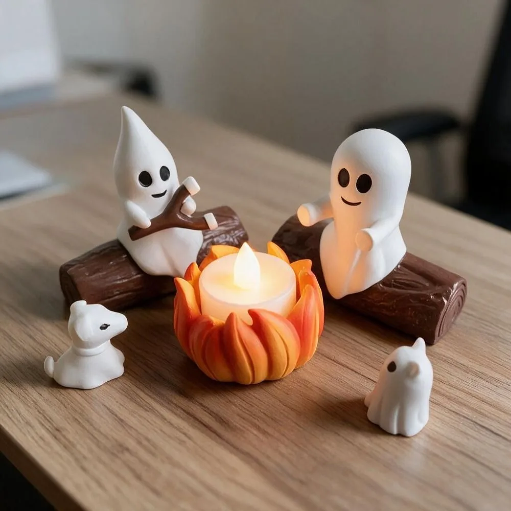 5PCS Resin Halloween Ghost Campfire Dog Cat Statue LED Candle Cartoon Ghost Bonfire Ornament Set 3D Mini
