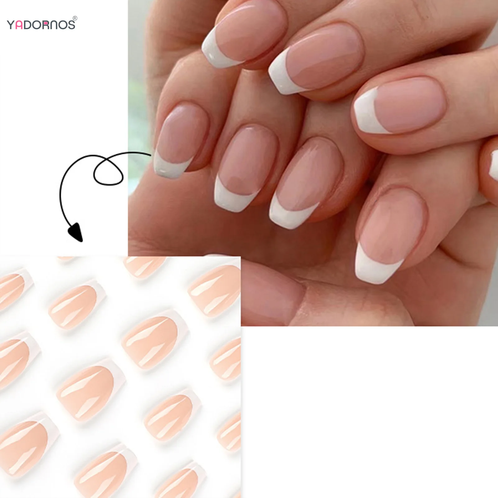 24pcs Short Square False Nails French White Edge Simple Full Cover Fake Nails Detachable Stick-on Nail Tips DIY Manicure