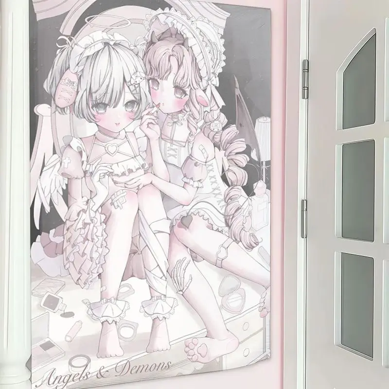VIKAMA Angel Devil Girl Tapestry, Sweet Cool Gothic Lolita Manga Wall Hanging Living Room Sofa Background Wall Room Decoration