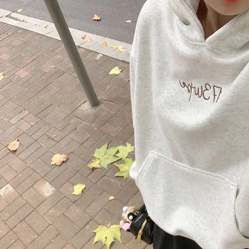 Embroidered Letter Oversized Sweatshirts Women Long Sleeve Hoodies Loose Casual Winter Warm Thick Pullovers Female Tops Jumper