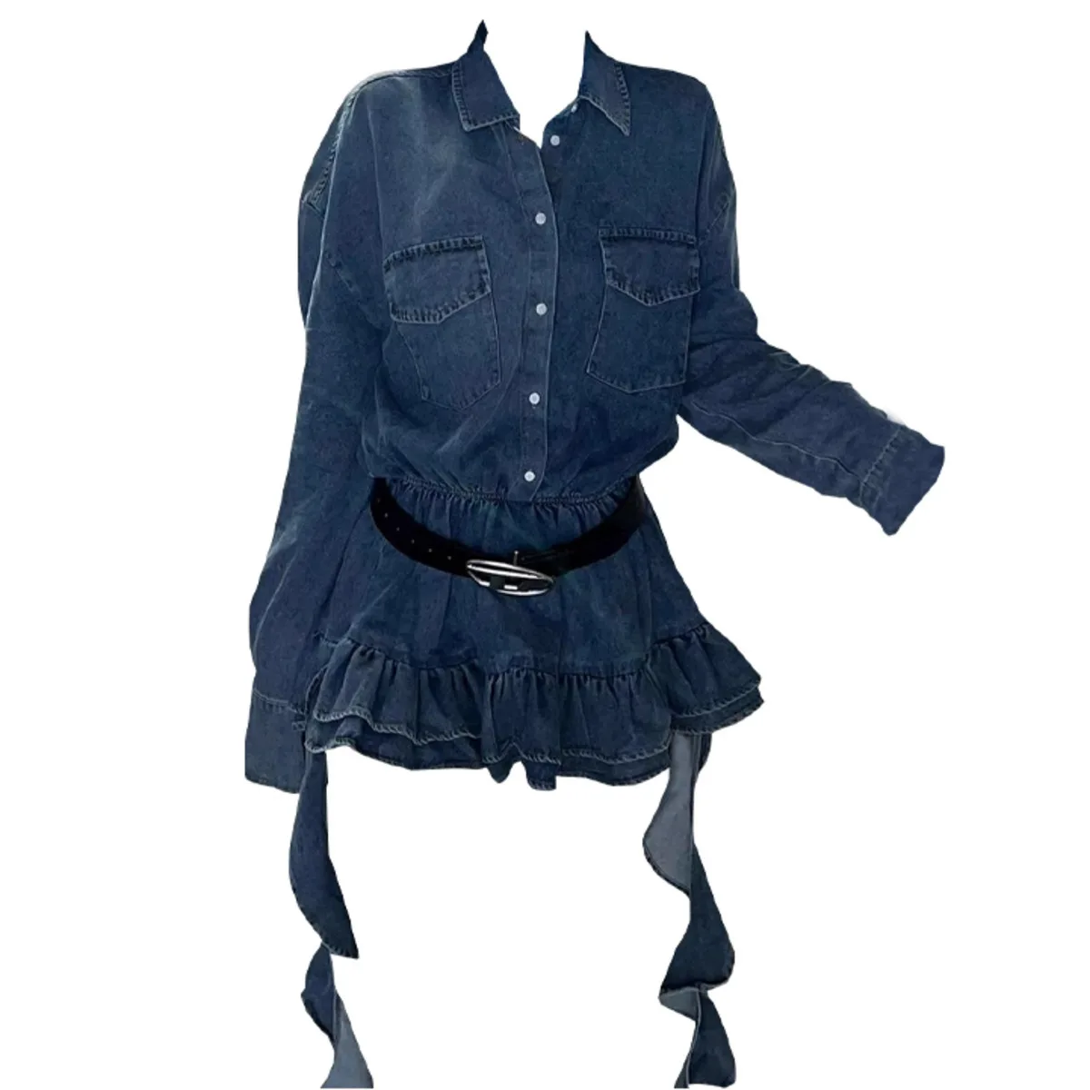 KWTX فستان قميص دينيم عتيق 2025 جديد قصير الأكمام فتاة ساخنة مطوي الخصر Cinching الصلبة ربيع الخريف أنيقة عادية #6