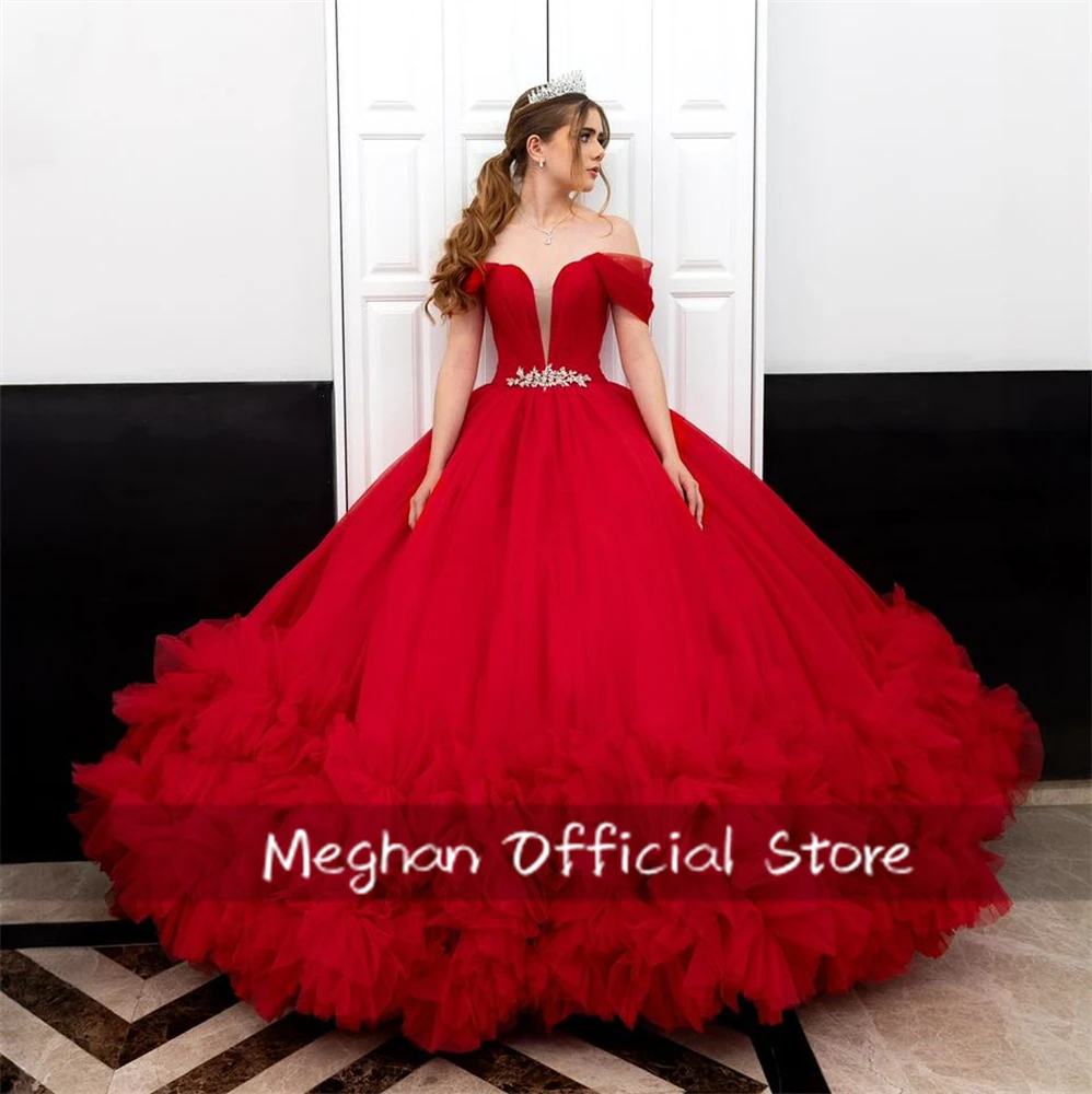 México vermelho fora do ombro quinceanera vestido grânulo apliques 2025 aniversário vestido de luxo plissado vestido de princesa doce 16 personalizado