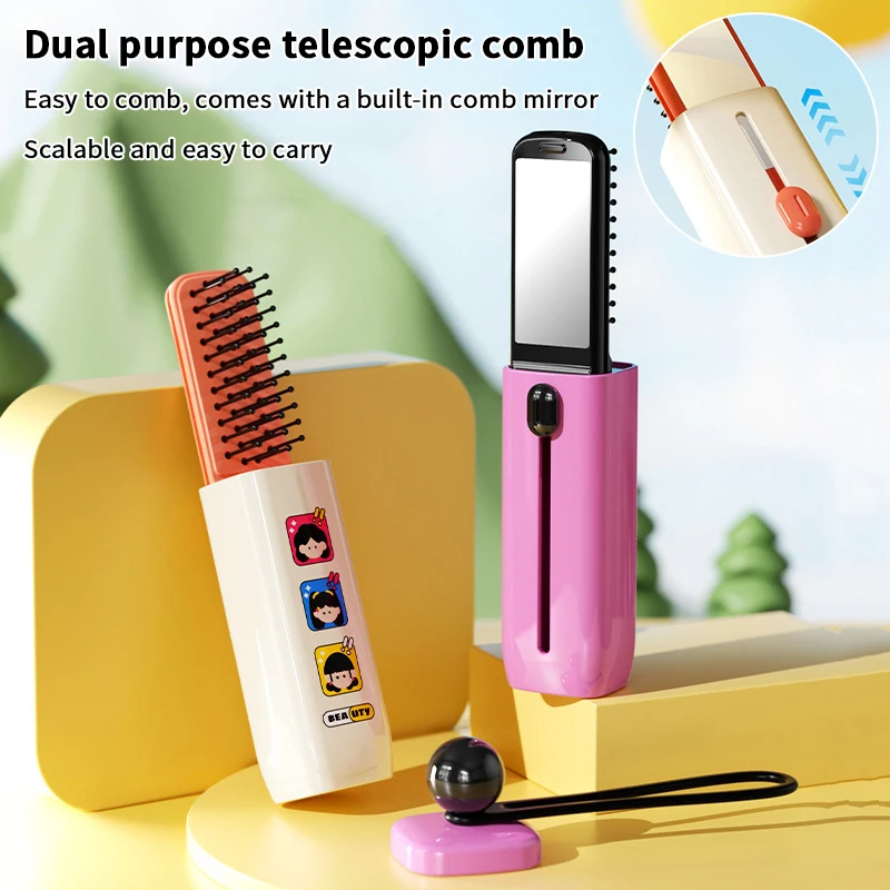 

Cartoon Retractable Hair Comb Mirror Comb Dual-purpose Massager Travel Outdoors Portable Hair Brush Cute Hanging Rope Decoration