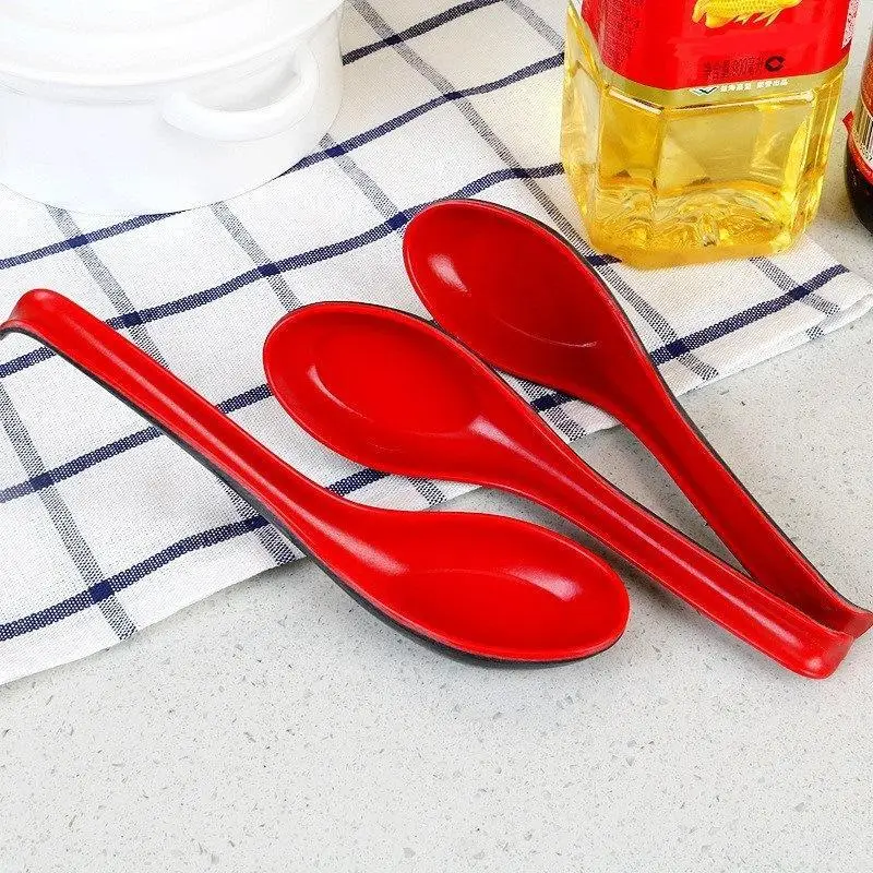 2pcs Japanese Style Melamine Red Black Soup Spoon Long Handle Simulated Ceramic Ramen Spoon Drop-resistant Heat-resistant