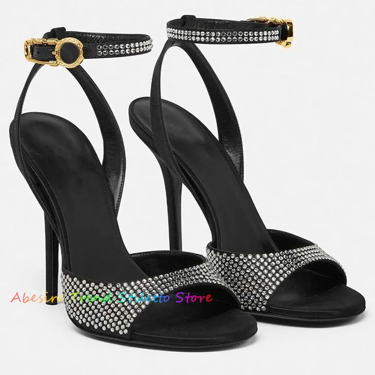 

2024 Summer Brand New Fashion Rhinestone High Heel Sandals For Women Round Toe Stiletto Crystal Party Designer Big Size Shoes 43