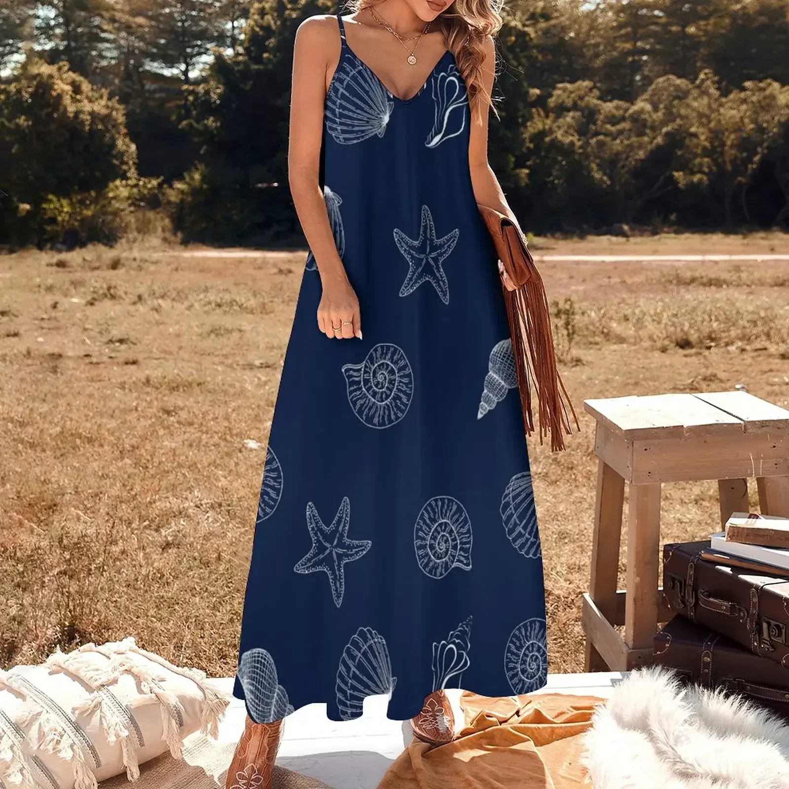 Pattern dark blue, navy, white, inspired on beautiful sea ocean marine coastal Sleeveless Dress summer clothes for women Dress