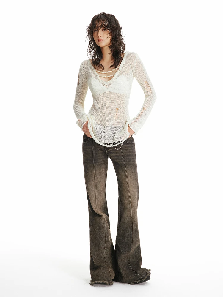 

Женские джинсы с высокой талией, расклешенные, винтажные, рваные, свободного кроя, прямые, длинные брюки, повседневные, на молнии