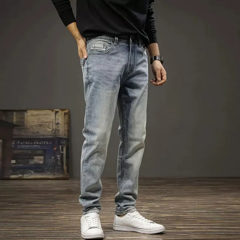 Fashion Designer Men Jeans Retro Light Blue Stretch Elastic Slim Fit Ripped Jeans Men Vintage Trousers Casual Denim Pants Hombre