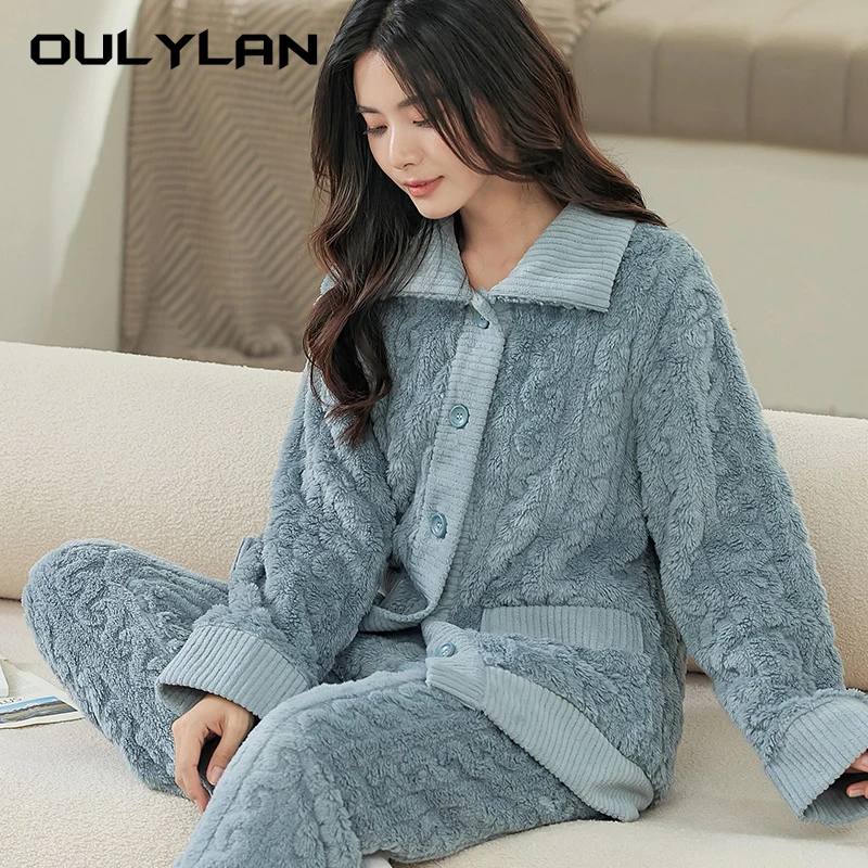 Cute Cartoon Couple Pajamas Sets Autumn Winter Sleepwear Plus Velvet Coral Fleece Thick Warm Suit Solid Color Female Homewear