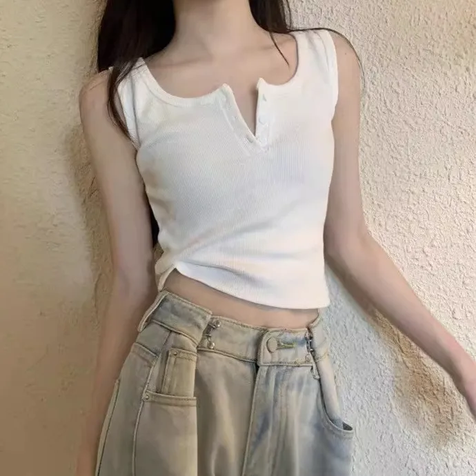Heather Gray Button Placket U-Neck Ribbed Tank Top Women Slim Fit Sleeveless Crop Basic Camisole