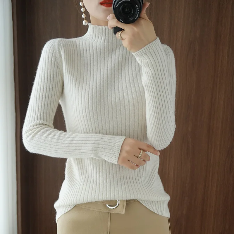 Women Sweater Solid Mock Neck Bottoming Shirt Korean Fashion Slim Stretch Pullovers Autumn Winter Casual Knitted Warm Jumpers