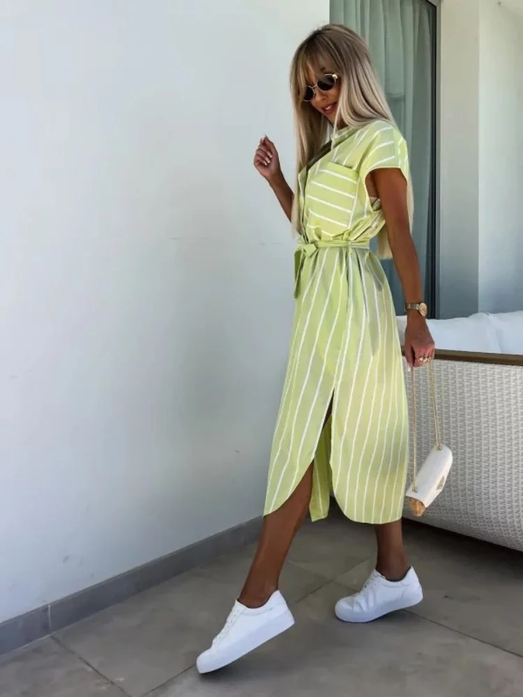 ชุดเดรสเสื้อเชิ้ตลายทางแขนสั้นสำหรับผู้หญิงเข็มขัดคาดเอวเหมาะสำหรับลำลองสุดชิคเสื้อผ้าสตรีทแวร์