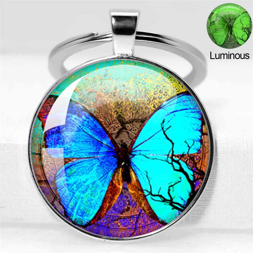 Glow In The Dark Butterfly Keychain Glass Cabochon Luminous Key Chain Luminous Animal Key Ring Chain Butterfly Jewelry
