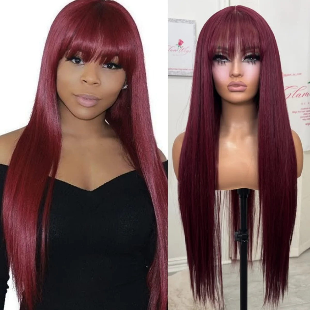 

Burgunudy Red Straight Lace Front Wig With Bangs Pre Plucked 13x4 HD Glueless Synthetic Wine Red Daily Party Cosplay For Women