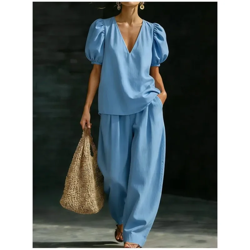 Casual Solid Office Two-piece Set Women's Fashion V-neck Bubble Sleeve Top+pants Suit Ladies Summer Comfort Outfit With Pocket