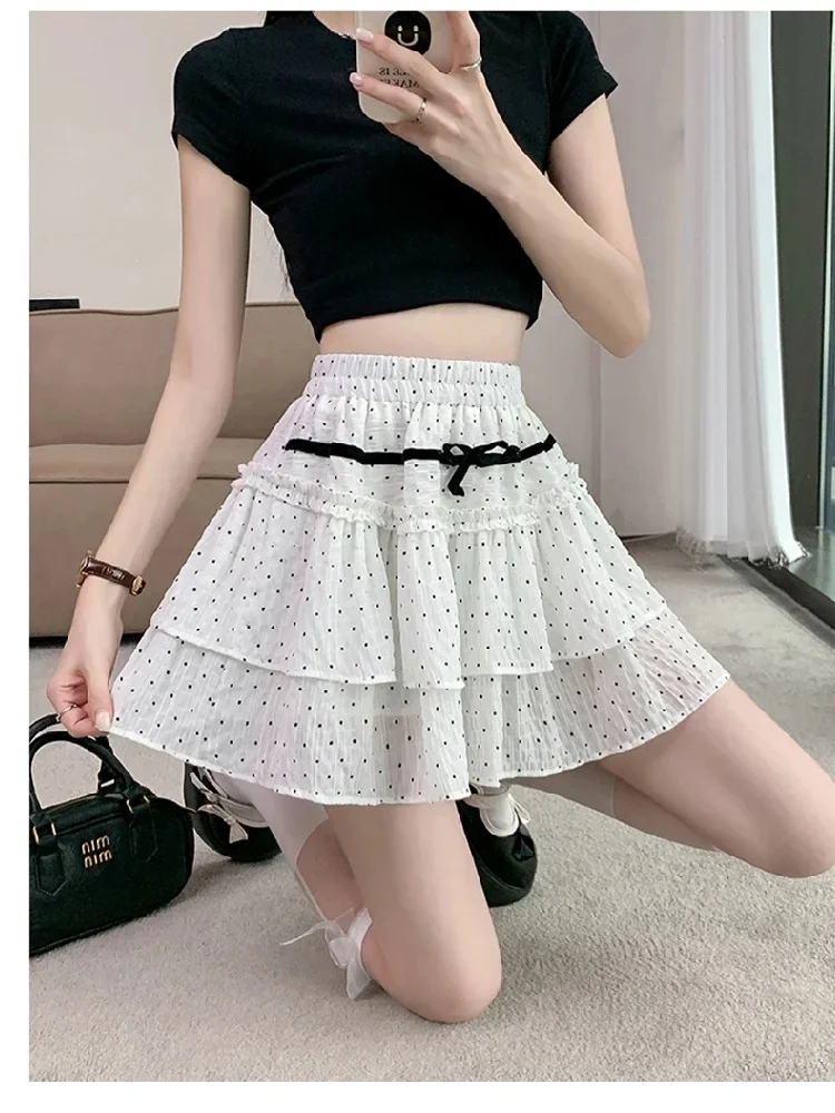 Mini jupe trapèze pour femmes, chic, décontractée, mignonne, à pois, mode coréenne, élégante, taille haute