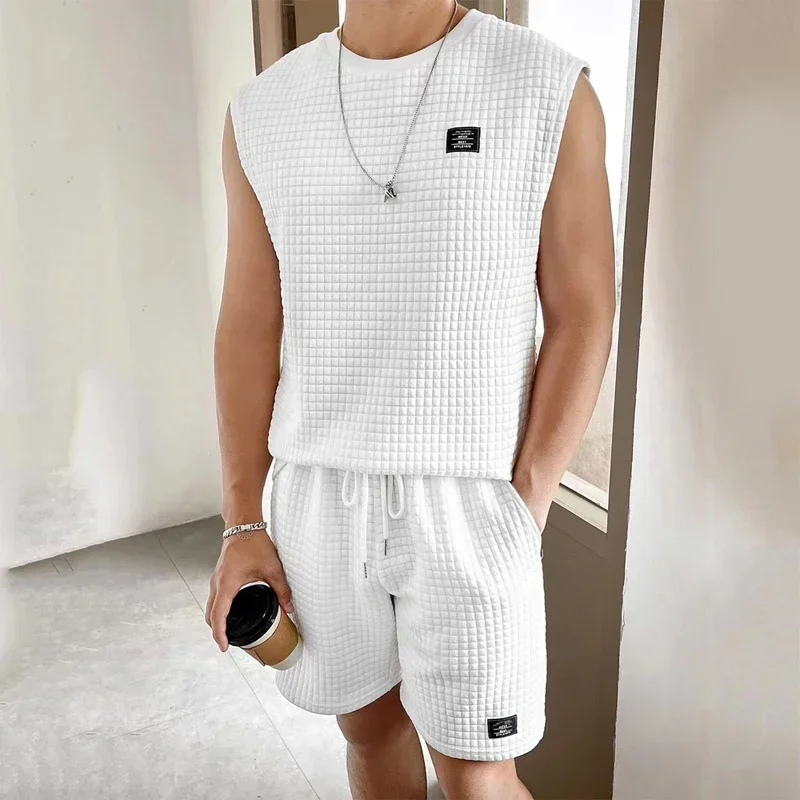 Summer New Suit Men Sleeveless Vest + Shorts Two Pieces Set Casual Sports Suit Male Fashion Trend Solid Color Jacquard Outfits