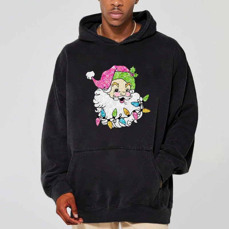 Funny Santa Claus Printed Hoodies Holiday Merry Christmas Washed Cotton Pullover New Year Clothes Women Harajuku Long Sleeve
