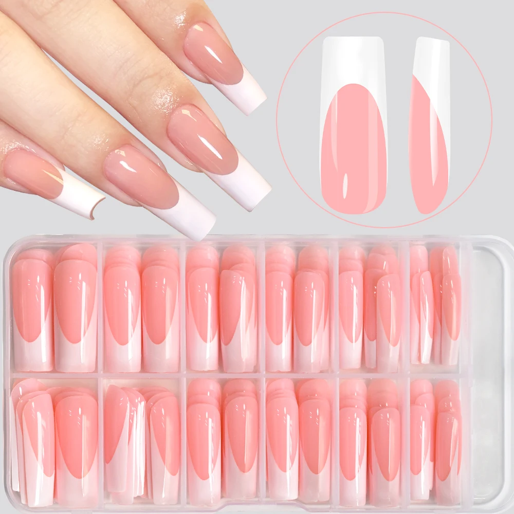 120/240 Stück Lange Quadratische French Press-On Nägel Glänzend Rosa mit Weißem Rand Künstliche Nägel für Frauen und Mädchen DIY Minimalistische French Maniküre T
