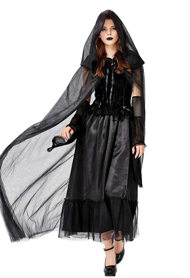Schwarzer Kapuzenumhang, langer, transparenter Umhang, Halloween-Kostüm, Cosplay-Robe für Damen