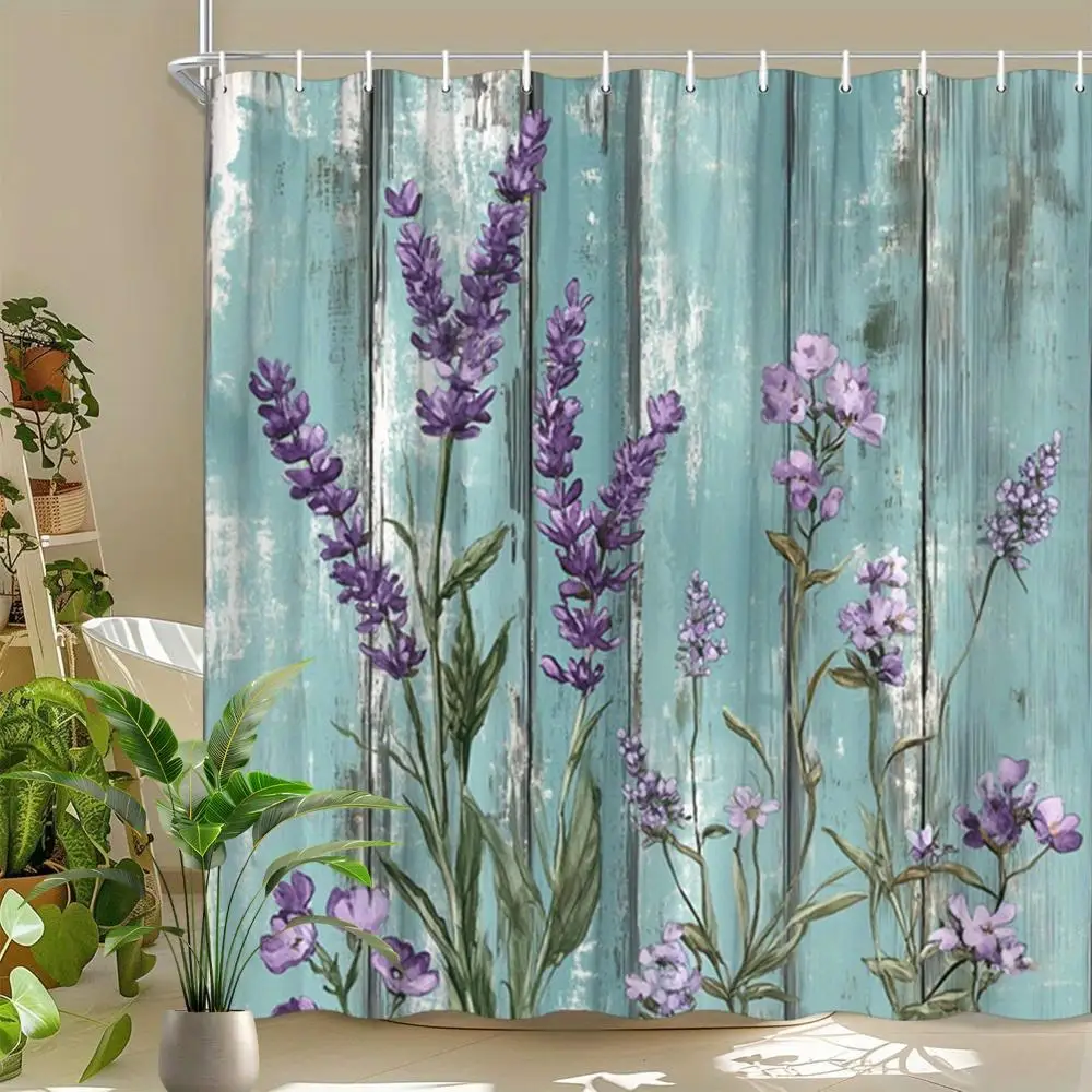 Luxury Polyester Floral Shower Curtain Waterproof Botanical Wood Grain Bathroom Decor Curtain Purple Lavender Spring Accent