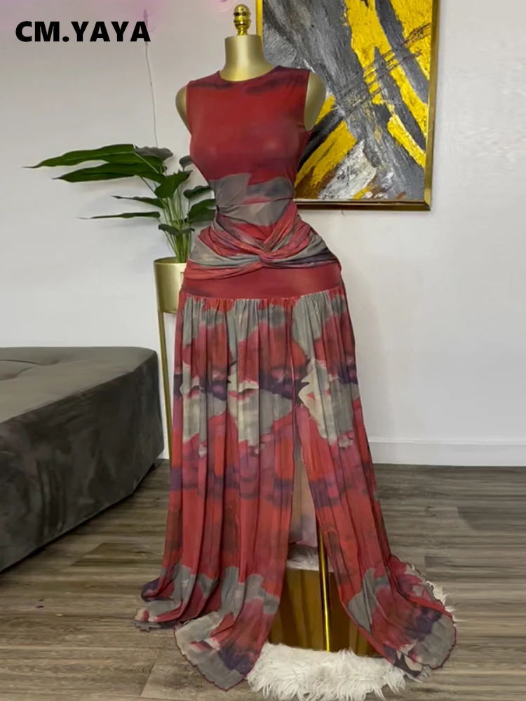 CM.YAYA أنيقة المرأة طباعة بلا أكمام الحلو س الرقبة الطابق طول فستان طويل 2025 شاطئ حفلة عيد ميلاد مثير سبليت مطوي فساتين