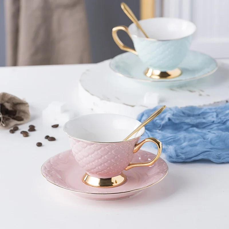 Teacup and Saucer Set with Spoon, Fine China Tea Party Gift Fish Scale Ceramic Cup and Saucer Set, Coffee Cup, Pink, Blue, Green