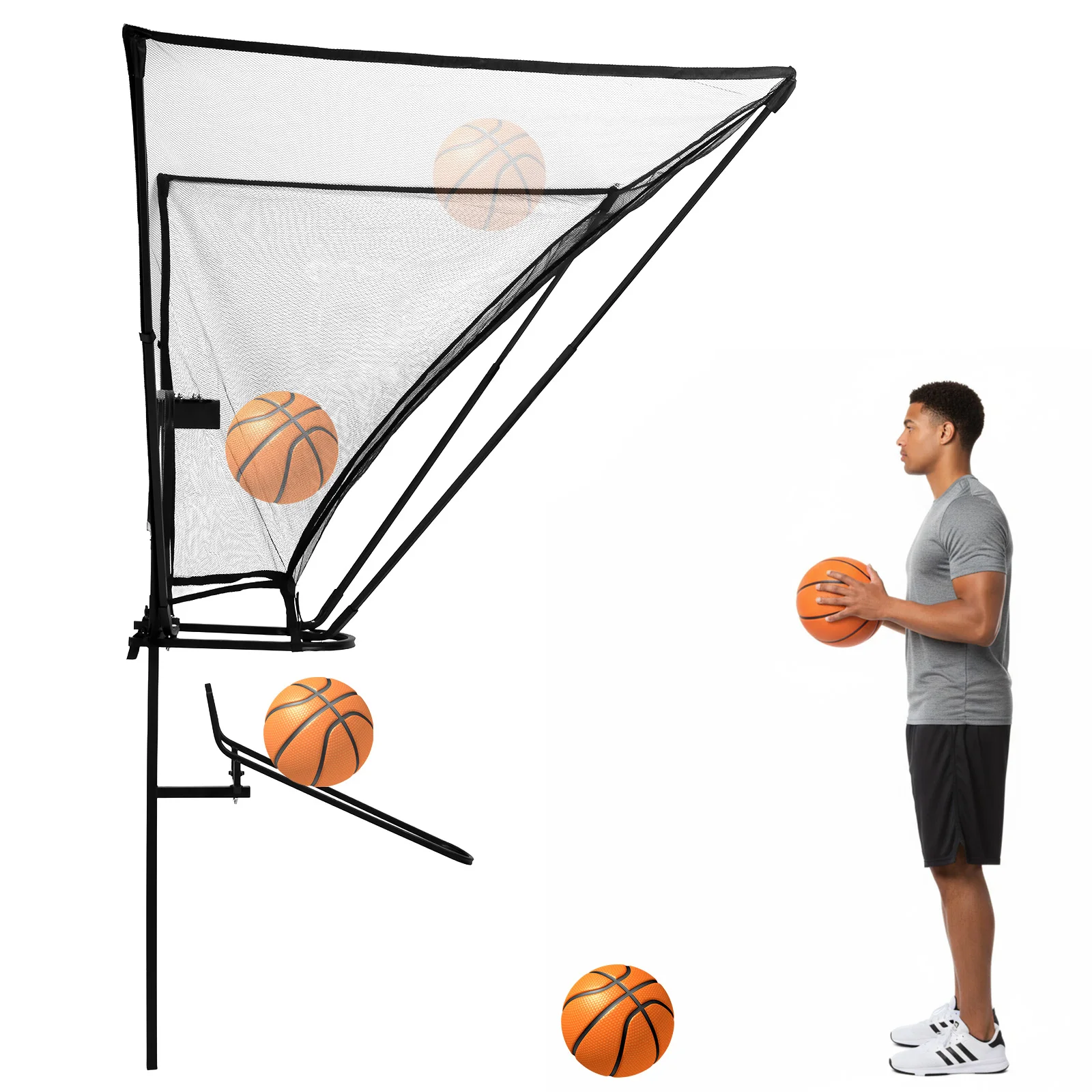 180° Rotating Chute Basketball Rebounder Returner 5-Minute Quick Install Adjustable Clamp Fits 18" Rim Training Net for Court In