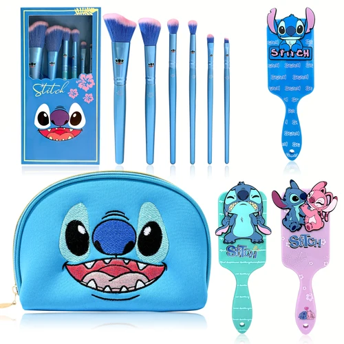 Imagen 1 del producto Lindo juego de pinceles de maquillaje Stitch de dibujos animados azules, bolsa de maquillaje bordada, peine con cojín de aire, ¡la opción perfecta para regalos navideños!