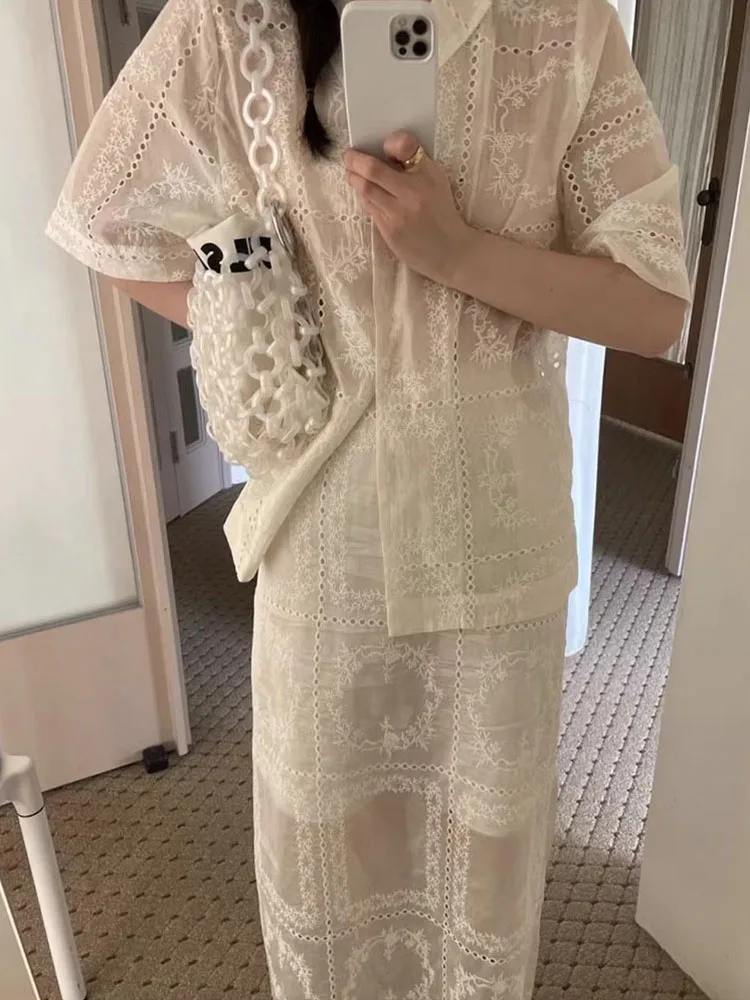

Retro Lace Embroidery ort Sve irt High Waist Slimming f Skirt Set Chic Summer New Arrival Cotton Blend Faion Ense...