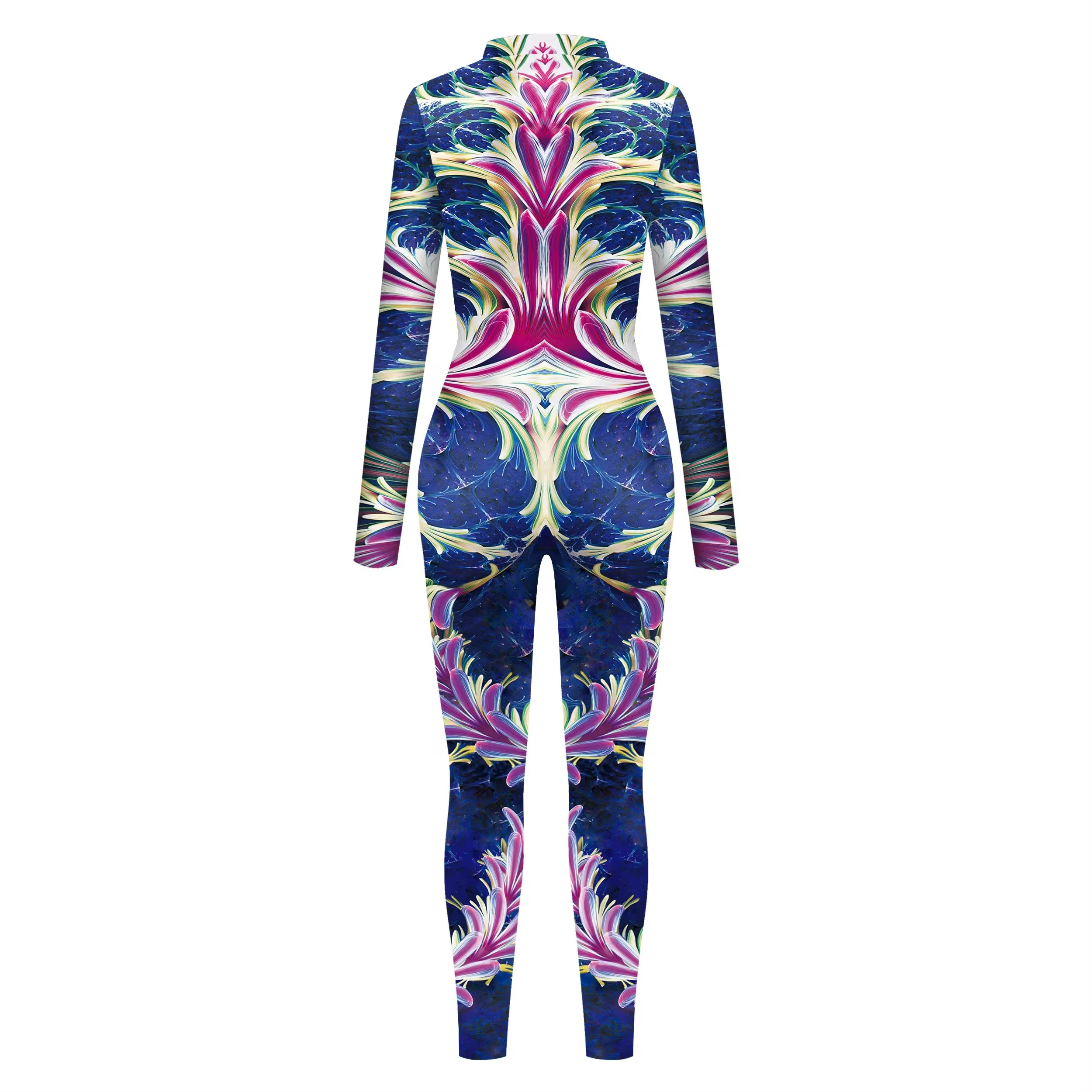 Flower Print Catsuit Woman Front Zipper Jumpsuit Zentai Bodysuit Halloween Party Costume Female Cosplay Outfit 2024