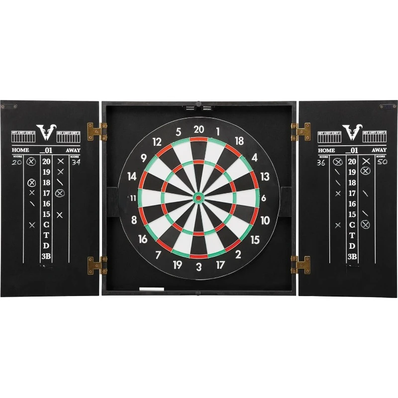 Hideaway Cabinet & Steel-Tip Dartboard Ready-to-Play Bundle, Reversible Standard and Baseball Game Options with Two Sets of