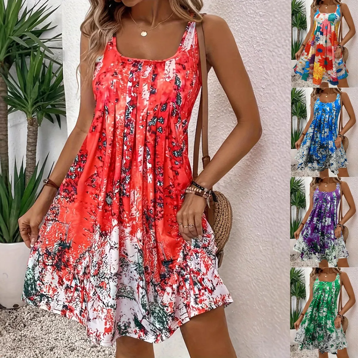 Sweet Dress Digital Print Long Dresses A Line V Neck Maxi Dress Sleeveless High Waist Beach Dress Floral Abstract Red Print