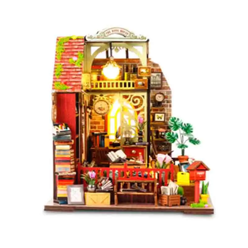 

DIY Miniature Cottage House Assembled Building Model with Lights 3D Wooden Puzzles Desktop Library Decoration Toy Gifts for Kids