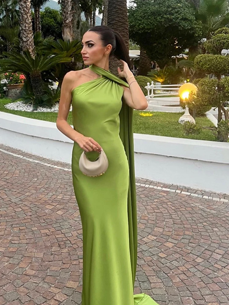 Elegant Ribbon Halter Maxi Dress for Women Off-Shoulder Sleeveless Backless Slim Fit Party Robe Solid Color 2025 New Style