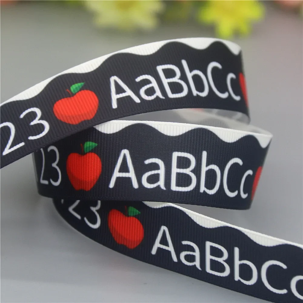 DUWES 50yards School  ABC 123 Bus Printed Grosgrain Ribbon Accessories Material Headwear Decoration DIY Sewing Craft D2345