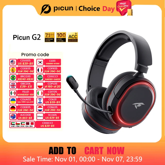 Picun G2 2.4G Wireless Gaming Headset Bluetooth Headphones 5ms Low Latency 7.1 Surround ENC Mic For PC PS4 PS5 Phone Switch