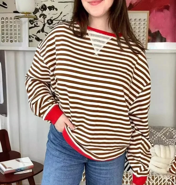 

Autumn Winter Casual Loose Women's Cotton T-Shirt Striped Pattern Crew Neck Full Sleeve