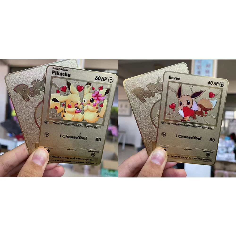 Cartoon Anime Pokemon Gold Card Pikachu Eevee 60Hp I Choose You Gold Metal Game Card Collection Collect Toys Gift for Children