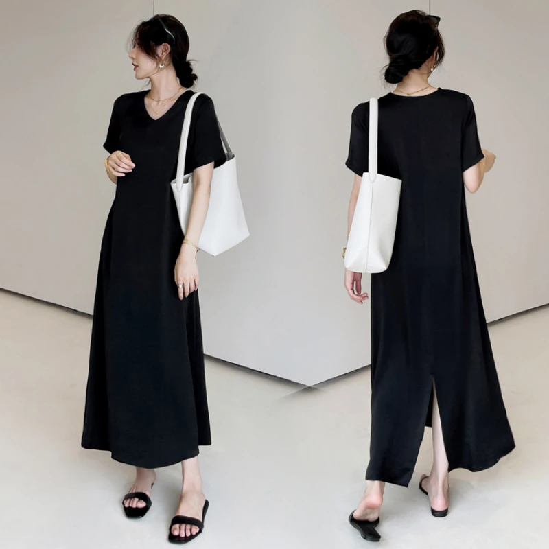 ใหม่ 2025 ฤดูร้อนหลวมผู้หญิง PLUS ขนาดซาตินสีดํา V คอ Lady Vestidos แขนสั้นหญิงเสื้อยืดชุด Robe KE6655