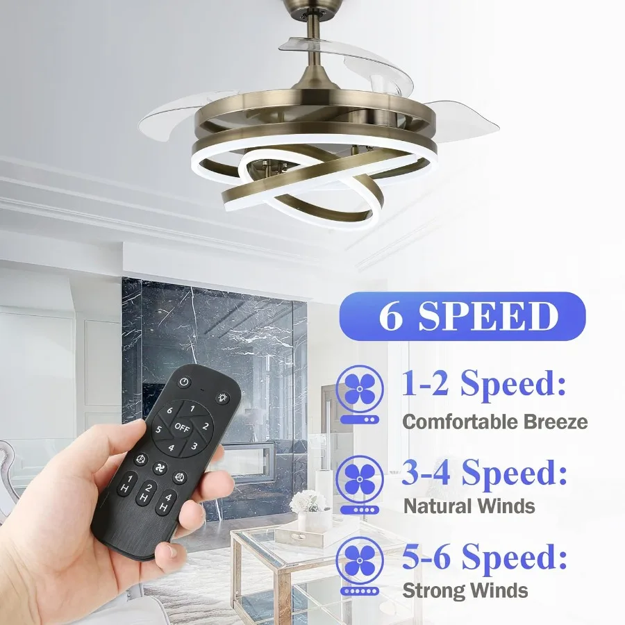 مروحة سقف قابلة للسحب مع أضواء مدمجة وجهاز تحكم عن بعد للاستخدام السكني الداخلي بتصميم 42 بوصة تتميز بـ 6 سرعات D #6